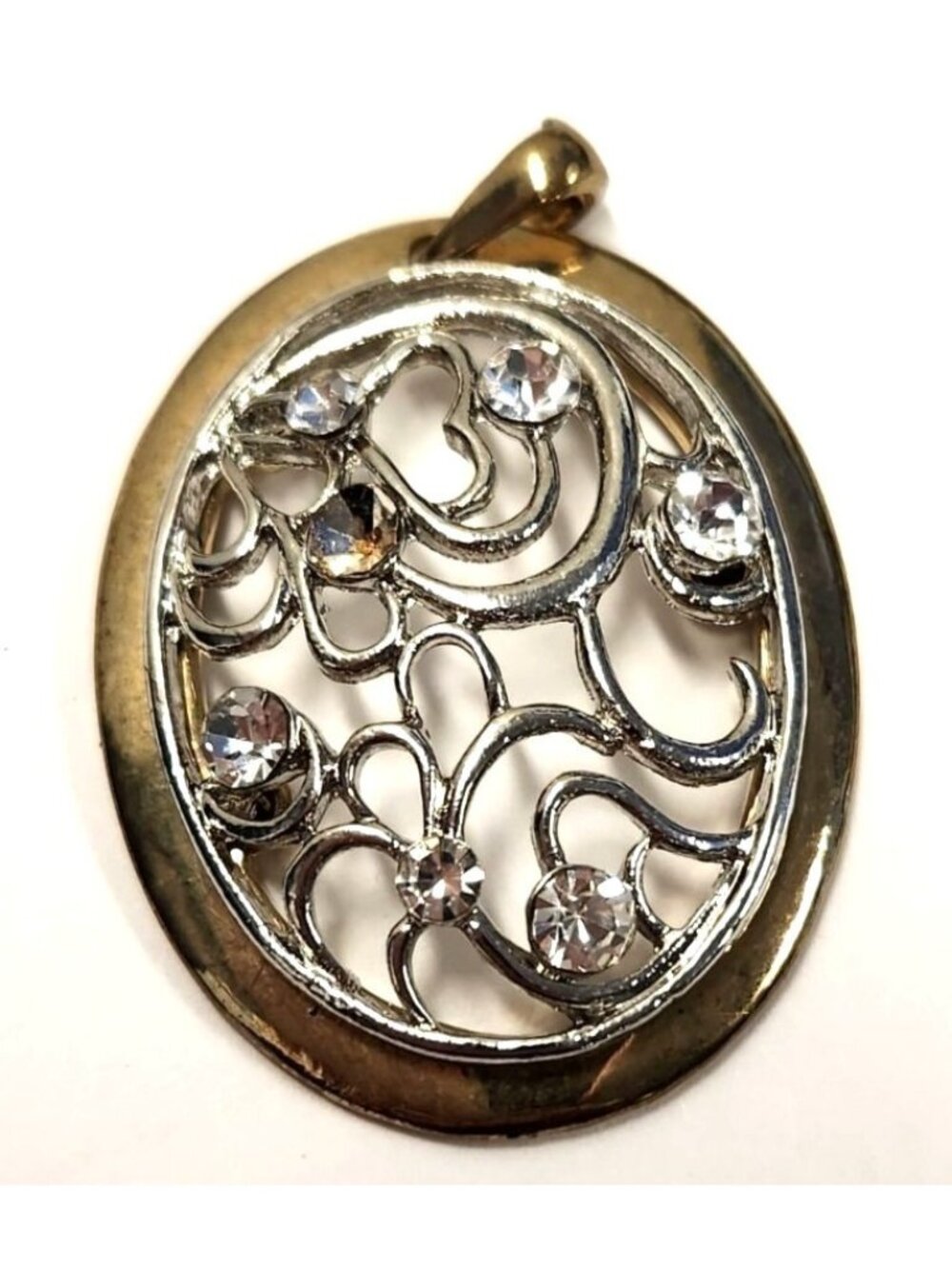 Vintage Filigree Pendant Gold & Silver Tone Oval Rhinestone Accents READ
